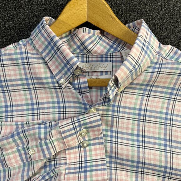 Roundtree & Yorke Gold Label Shirt Mens XLT Blue Pink Plaid Button Down Non Iron - Picture 1 of 9